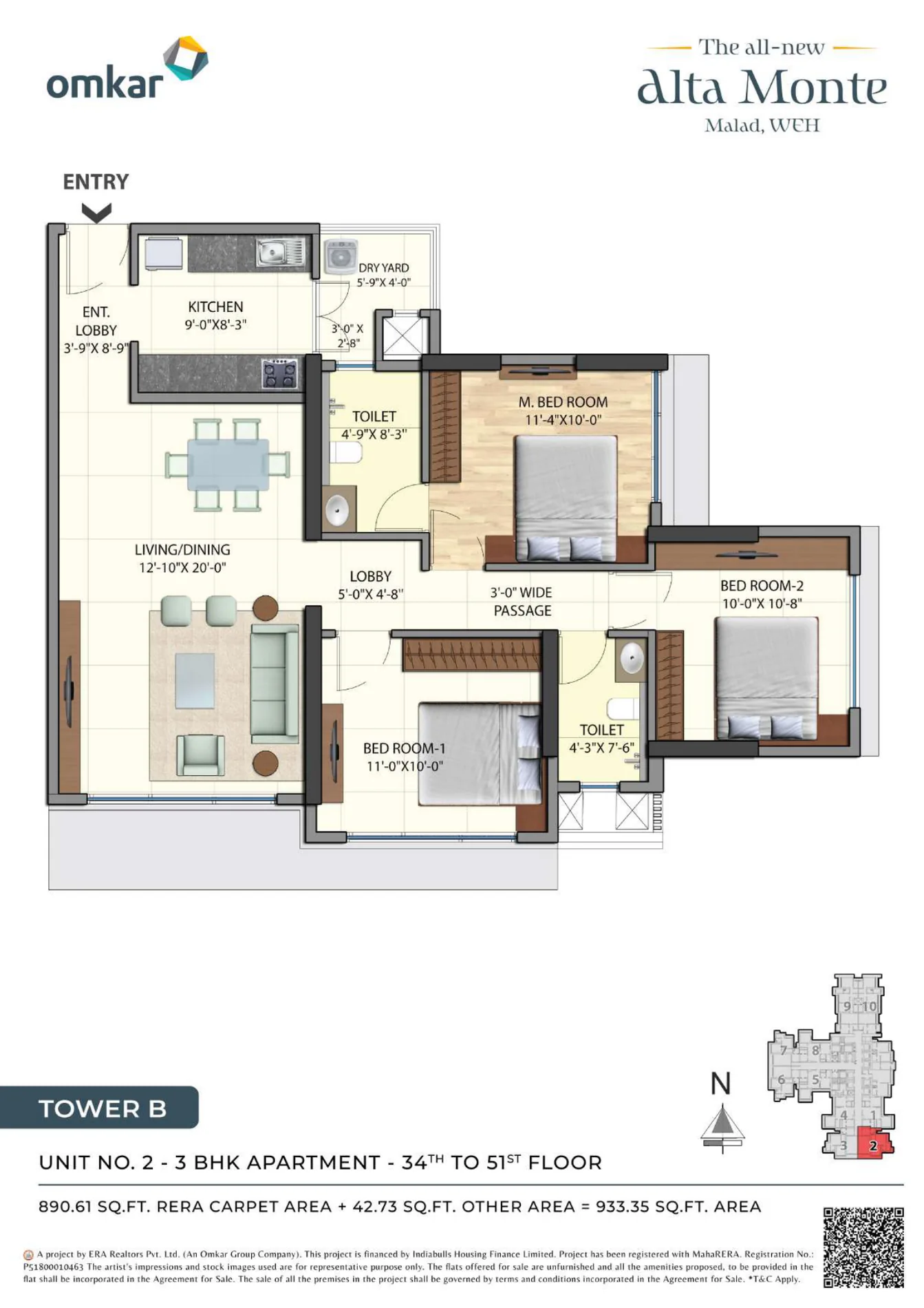 Omkar Alta Monte Tower B 3 BHK unit floor plan