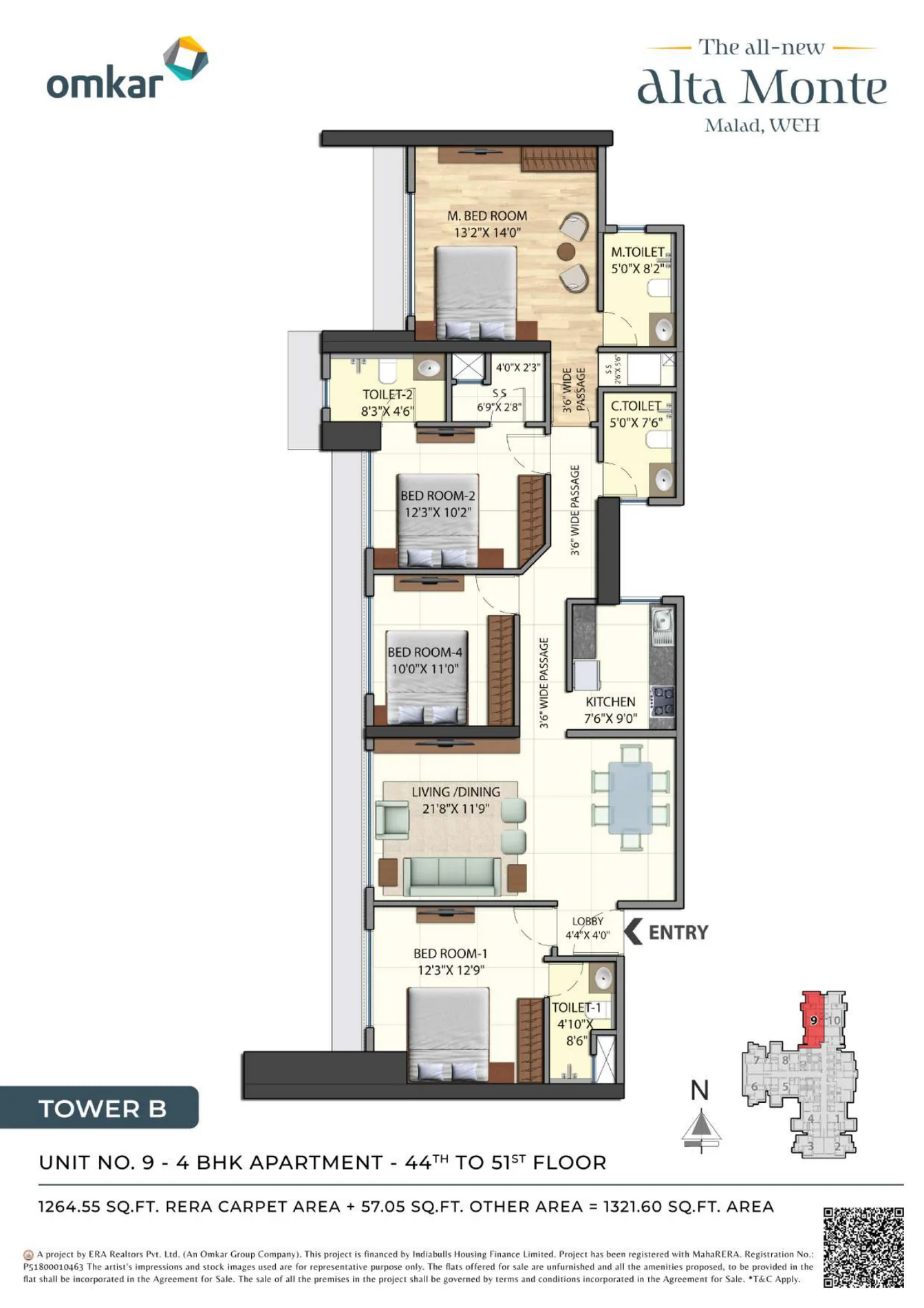 Omkar Alta Monte Tower B 4 BHK high-floor unit plan