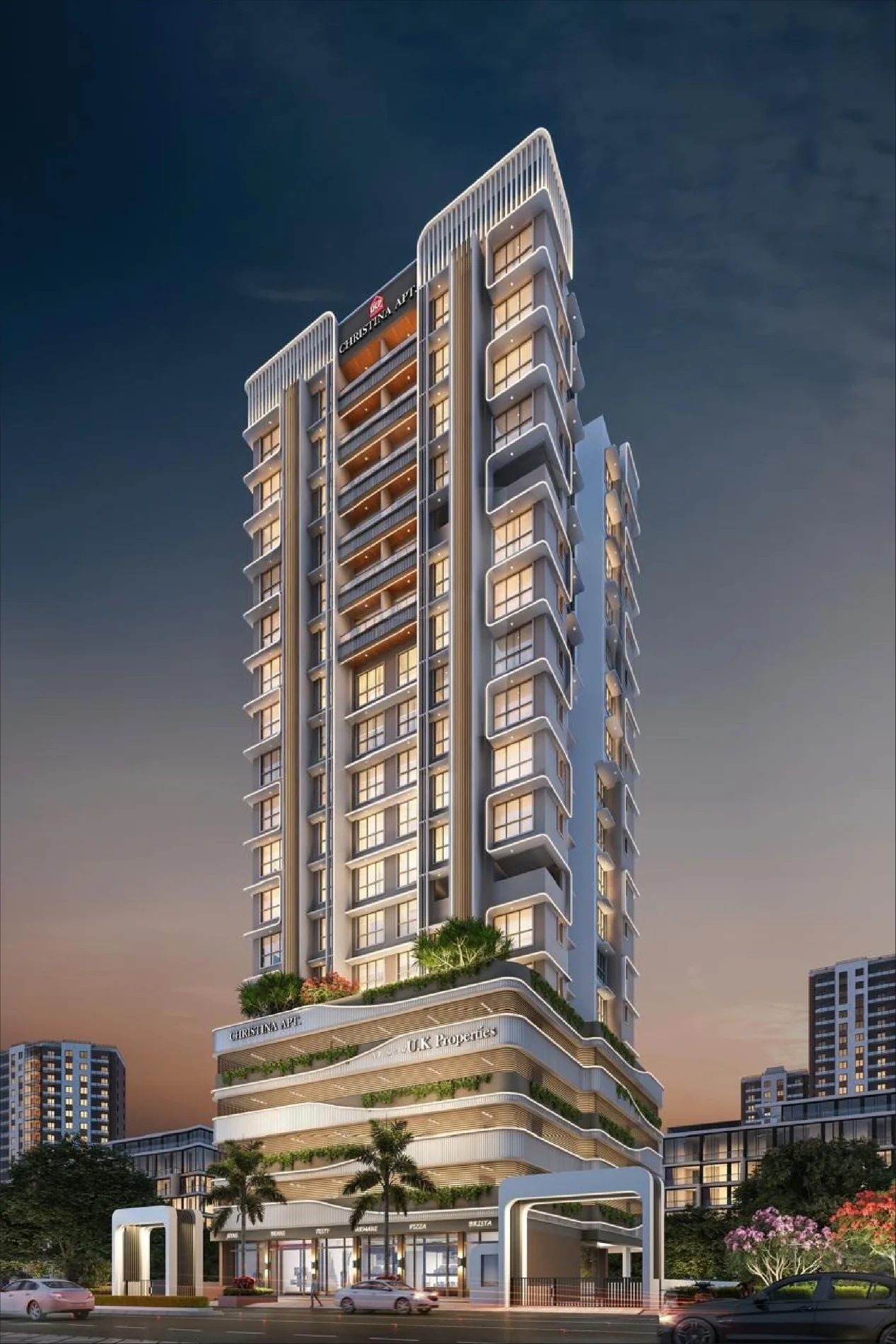 U K Christina Apartment CHSL evening exterior rendering