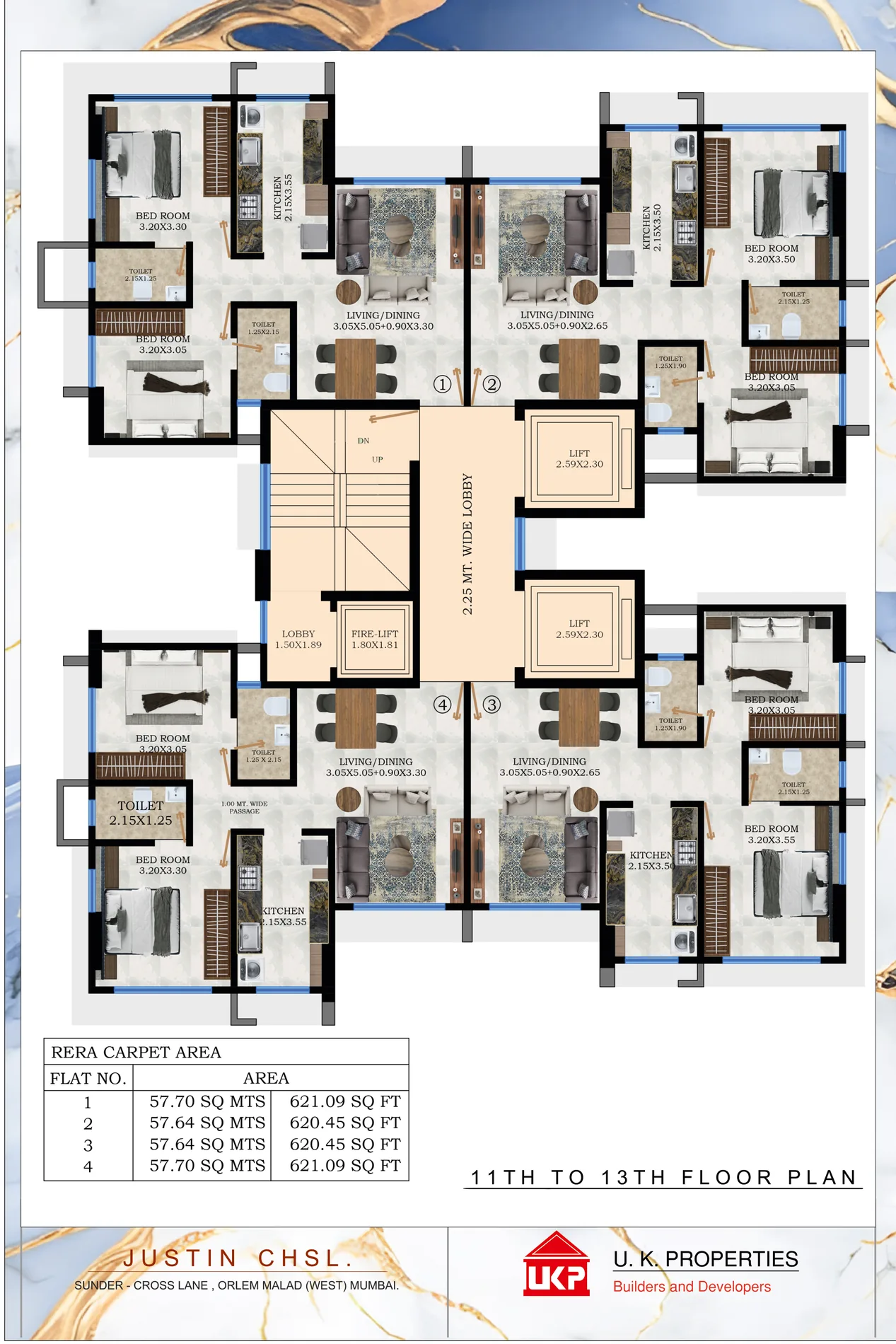 U K Justin CHSL typical residential floor plan for 11th to 13th floors